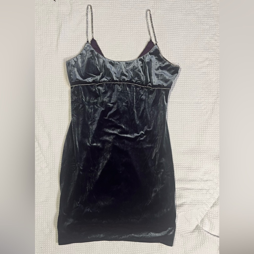 Velvet blue slate purple mini dress with rhinestone spaghetti straps xl